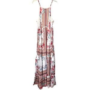 Xhilaration Tiered Maxi Dress Women's S Pink Red Floral Crochet Boho Chic Summer